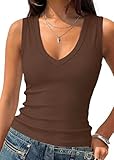 Prettywear Deep V Neck Tank Tops for Women 2026 Summer Fashion Clothes Sexy Casual Ribbed Fitted Sleeveless Going Out Tops Brown