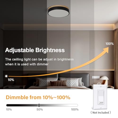Image of Dimmable LED Wood Black Round Flush Mount Ceiling Light 11.81 Inch