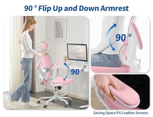 Image of TRALT Ergonomic Office Chair - Desk Chair with Adjustable Headrest Lumbar Support Computer Chair - Mesh Comfy Chair with Flip-up Armrests - Gaming Chairs for Adults Home Office (Leather, Pink)