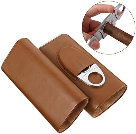 Xinzistar 3 Tubes Cigar Case Humidor Cigar Box with Stainless Steel Cigar Cutter, Leather Humidors with Cedar Wood Lining Cigar Holder Storage Accessories for Travel Outdoor (Brown)