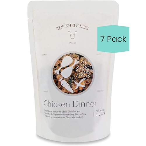 TOP SHELF DOG Chicken Dinner Meal, All Natural Fresh Human Grade Food Topper, Nutrient Packed for Picky Eaters, Promotes Healthy Breeds Dogs and Puppies (Chicken, 7 x 8oz Pouches)