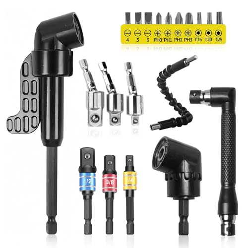 Pmueuff 105° Winkelschrauber Aufsatz Set, 20 Stück Winkelaufsatz für Akkuschrauber, Winkelaufsatz Set bit Verlängerung, Flexible Welle Bohrmaschine für das Bohren des Schmalen Raumes Winkelbohrer