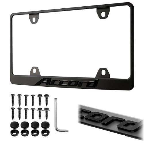 Accord License Plate Frame Stealth Black Powder Coat UV Resistant STAINLESS METAL Plate Holder - One Piece - Compatible with 1976-2025 Accord (3D RAISED LETTERS with MOUNTING HARDWARE)