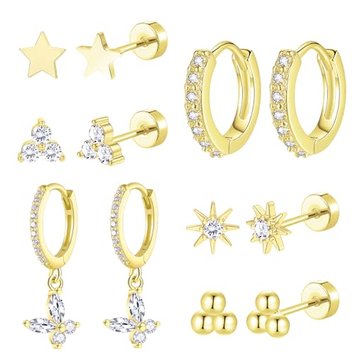 6 & 8 Pairs Stainless Steel Earrings 14K Gold Plated Flat Back Stud Earrings for Women Men Multiple Style Lightweight Dainty Trendy Jewelry Star Triangle Sun Dangle Huggie Hoop Earring Stacks
