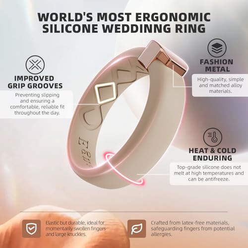 Egnaro Silicone Wedding Bands for Women, Inner Arc Ergonomic Breathable Design Womens Silicone Wedding Ring with Metal Plate, 4mm Width Rubber Wedding Bands Women with Metal Plate, No-Toxic,Skin Safe2