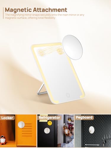 OMIRO Beleuchteter Make-up-Spiegel mit 10-facher Vergrößerung, 20,3 x 12,7 cm, Schreibtischspiegel mit verstellbarem Ständer und 3 Beleuchtungsmodi für Rasur und Reisen, Weiß