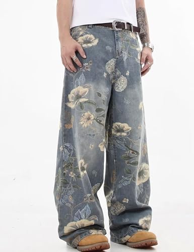 Y2k Baggy Jeans Men Flower Print Graphic Jeans Harajuku Wide Leg Boyfriend Denim Pants Streetwear2