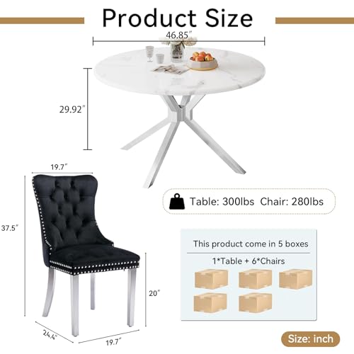 Image of 7-Piece Round Dining Table Set for 6, Modern Faux Marble Kitchen Table and Black Velvet Chairs Set of 6, Luxury 45 inch Circle White Silver Dining Room Tables with Stainless Steel Cross Legs