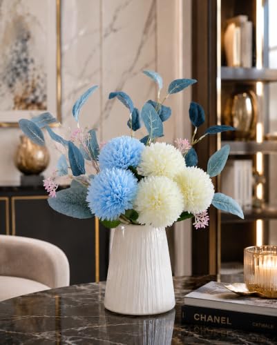 Image of Divyakosh Artificial Chrysanthemum Flower Bouquet, 5 Flowers with Foliage, Blue & White Pom Pom Floral Arrangement, Decorative Artificial Flowers for Living Room, Office & Home Decor