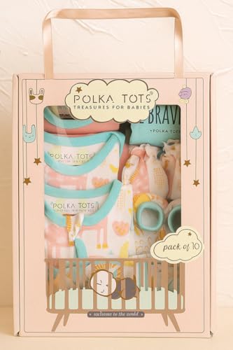 Image of POLKA TOTS Newborn Baby Products Gift Set | Pure Cotton Baby Clothing & Essentials Set | 10pc Unisex Kit for Newborn & Ideal Baby Shower Gifts for mom to be | New Born Baby Clothes 0-3 Months