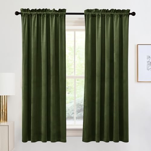 Image of RYB HOME Olive Green Velvet Curtains 72 inches Length - Blackout Thermal Insulated Drapes Window Treatment Luxury Solid Decor for Kitchen Study Room, W52 x L72 inches, 2 Panels | Blackout, Thermal Insulated, Luxury Solid Decor, for Laundry & Dormitory, Olive Green, W52 x L72, 2 Panels