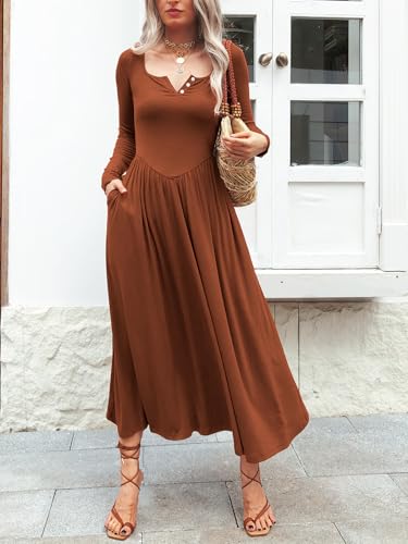 Image of Mieazom Long Sleeves Maxi Dress for Women A Line 2025 V Neck Casual Button Boho Tshirt Long Dress with Pockets