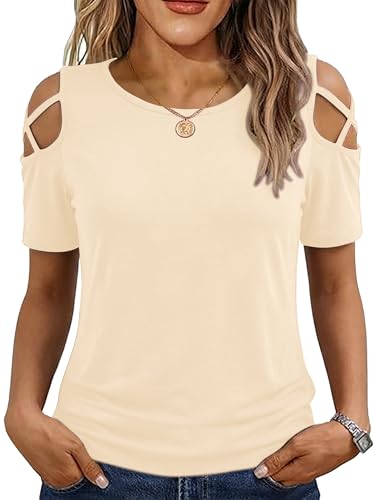 Image of Jar of Love Women's Summer Tops Short Sleeve Cold Shoulder Tops T-Shirts for Women Spring Summer Tops Loose Fit Tunic 2026