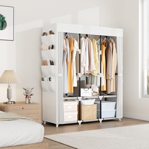 Image of Wardrobe Closet Portable Closets for Hanging Clothes Large Capacity Clothes Rack with Cover, 3 Hanging Rods, 6 Shelves and 8 Pockets, Strong and Stable Free Standing Closet for Bedroom, White
