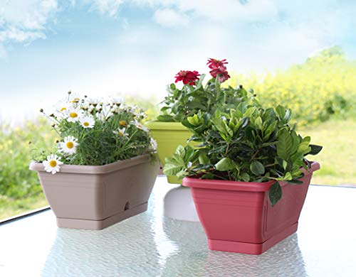 Tabor Tools Plastic 15.5 Inch Window Box Planter With Attached Saucer For Indoor And Outdoor Use, Small Rectangular Trough Planter. Vev401A. (Snow White, Flower Emboss) #TOP4