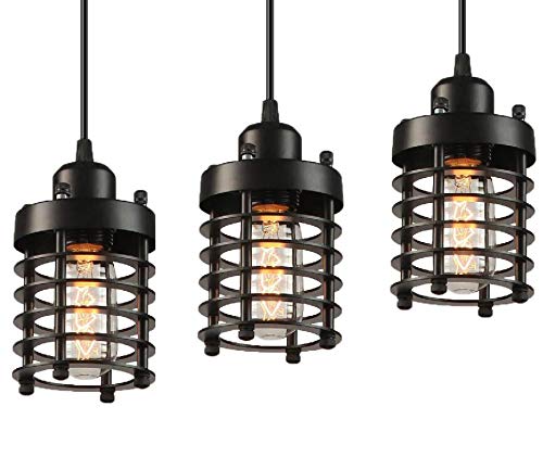 Free Shipping Over $50 PIHAPPY Retro Vintage Barn Ceiling Hanging Lamp Pendant Light Rustic Adjustable Mini Metal Cage Shade Modern Light Fixture 3 Pack Without BLUBS (Black)