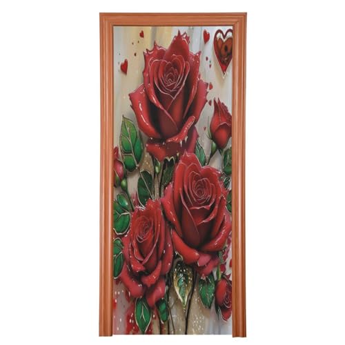 FLildon Red Rose Valentine's Day Door Cover Decoration, Party Accessory Porch Decor for Festive Ornament Room Door Covers 32 x 79 Inch