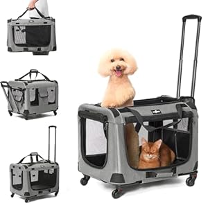 Rolling Dog Cat Carrier with Wheels, Collapsible Extra Large Cat Pet Carrier for 2 Cats with Telescopic Handle, Travel Dog Cat Crate Carrier for Large Cat Small Dog for Vet Visits, Camping