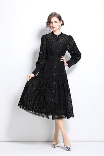 Image of LAI MENG FIVE CATS Women's Round Neck Lantern Sleeves Embroidery Button Layered Lace Hem Midi Dress with Belt
