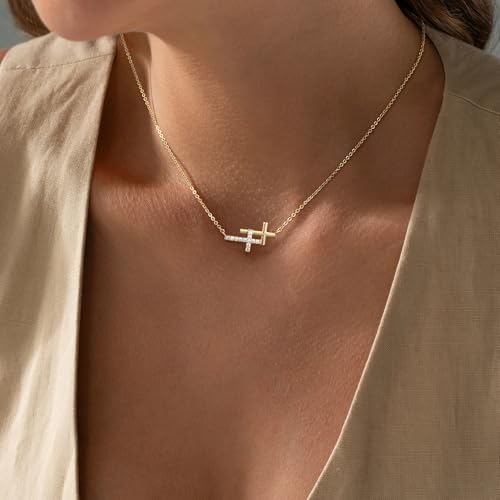 Cross Necklace For Women,14K Gold Plated Small Dainty Colorful Beaded Cubic Zirconia Double Layered Cross Pendant Choker Necklaces For Women,Christian Easter Religious Jewelry Gifts4