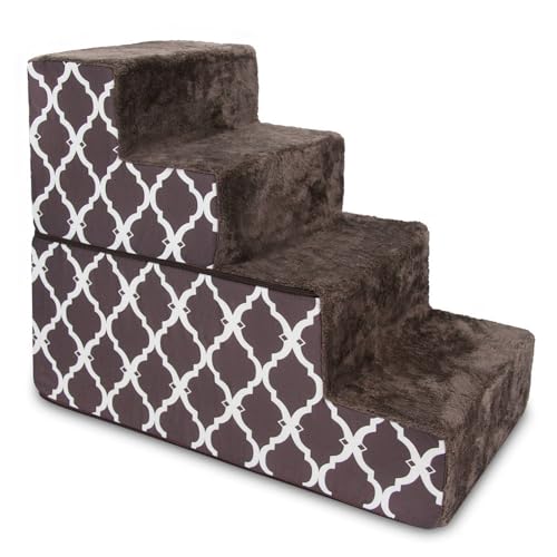 Image of Best Pet Supplies Dog Stairs & Steps - Foam Steps for Small Dogs & Cats, Non-Slip Indoor Balanced Pet Step Support, Dog Ramp, No Assembly, Brown Lattice Print, Foldable 4-Step (22-inch Height)