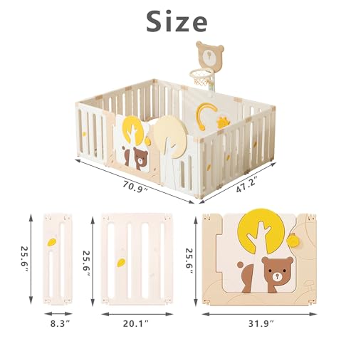 Image of Indoor Baby Playpen with Adjustable Game Panel, Drawing Board, Basketball Hoop, and Safety Door Shape, Portable and Stable Indoor Children's Playground（70.9 inch*47.2 inch）
