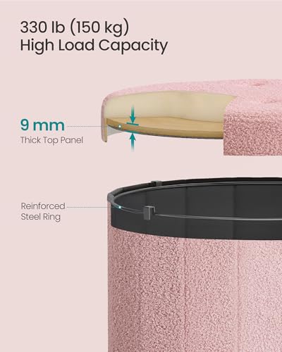 Image of SONGMICS Mazie Collection - Round Storage Ottoman, Folding Footrest Stool with Removable Lid, Easy Assembly, Teddy Fleece Vanity Stool for Bedroom, Living Room, Entryway, Jelly Pink ULSF606R01