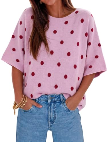 Image of Cicy Bell Womens Oversized Short Sleeve Sweaters Tops Knit Fall Pullovers | Half Sleeve Trendy Casual Loose Fit Sweater, Heart&ploka dot&floral pattern,Knitted Boat Neck Work Top for Teachers