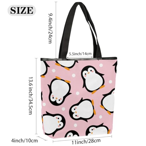 Canvas Tote Bag for Women Men Cartoon Penguins Pink Canvas Handbag Shoulder Tote Bag with Zipper Closure Reusable Grocery Bag Shopping Cloth Bag with Handles for Beach Gym Picnic Work2