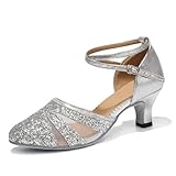 HIPPOSEUS Zapatos de Baile Latino Mujer 5 cm Tacon Bajo Plateado Lentejuelas de Salón Cerrados Salsa y Bachata Tango Calzado para Bailar, 38 EU