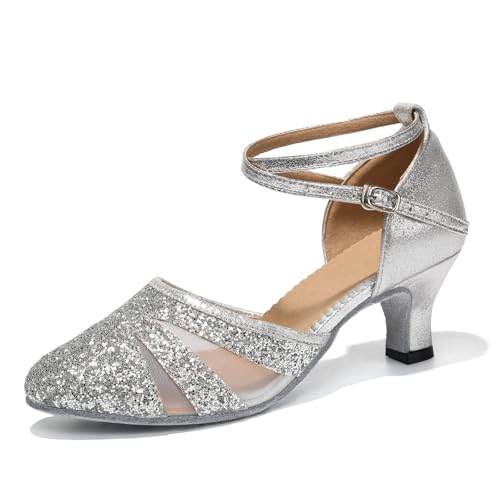 HIPPOSEUS Zapatos de Baile Latino Mujer 5 cm Tacon Bajo Plateado Lentejuelas de Salón Cerrados Salsa y Bachata Tango Calzado para Bailar, 39 EU