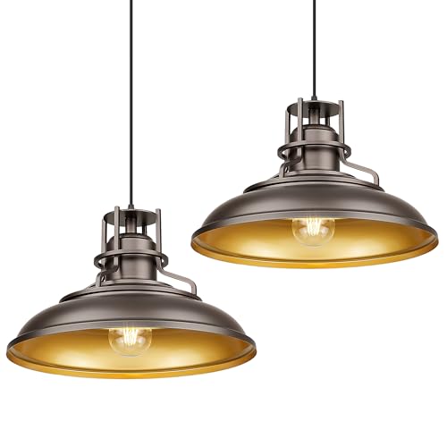 Image of FEMILA 18 inch Outdoor Pendant Lights for Porch, 2 Pack, Farmhouse Pendant Light, Barn Vintage Hanging Light Fixture for Kitchen Island, Adjustable Height,Oil Rubbed Bronze Finish, 4FY15-MP-L-2 ORB