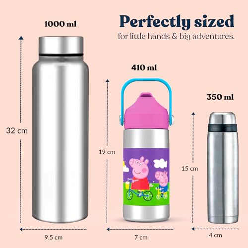 Image of Rabitat Sipzy Peppa Pig Stainless Steel Kids Water Bottle 410ml | 2 Year Brand Warranty | Insulated School Bottle for Boys & Girls | Hot & Cold 20 Upto Hours | Leakproof BPA Free | Follow Me