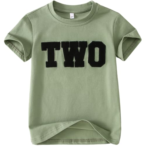 BOUTIKOME 2nd Boys Birthday Shirts Two Toddler Embroidery T-Shirts Baby Birthday Outfit Kids Party Chenille Patch Tee Tops(Green-2Y)