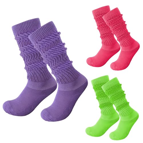 Vibrant Neon Slouch Socks 3-Pack - Women's Retro Leg Warmers | 80s Scrunch Socks (Neon Green/Hot Pink/Purple)