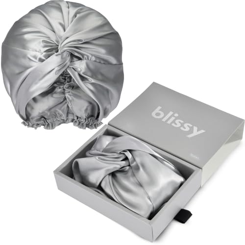 BLISSY Silk Bonnet for Sleeping for Long and Curly Hair - 100% Pure Mulberry Silk 22 Momme 6a High-Grade Fibers Silver