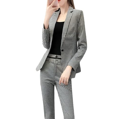 Women's Suit Blazer 3 Piece Elegant Plaid Set Fashion Vintage Office Business Casual Single Breasted Blazer Jacket Pant Set-Black and White