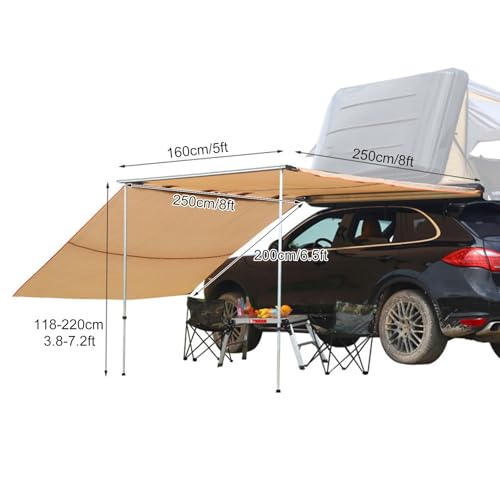 HTDRE Vehicle Sun Shade Awning with Side Cloth, Car Canopy Roof Rack Awnings Pull Out Sun Shade, Retractable Car Side Tent for Camper Vans, Motorhomes or Caravan(160x250cm 5.2x8.2ft) - Image 2