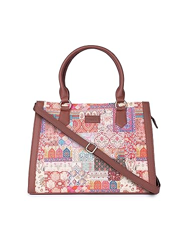Image of ZOUK Printed Jute Handcrafted Vegan Leather Multicolor Women's Satchel Bag | Ladies Purse Handbag | Double Handle Detachable Strap