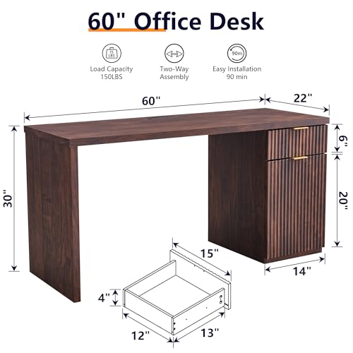 Image of 60 inch Modern Home Office Desk, Reversible Left‑Right Cabinet, Built‑in Outlet | Reversible design lets you fix the cabinet on left‑hand or right‑hand side to fit your room layout