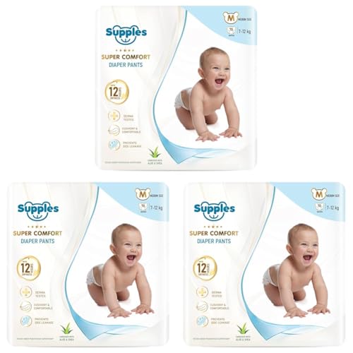 Image of Amazon Brand - Supples Super Comfort Baby Diaper Pants | Medium (7-12 kg), 70 Count | Dermatologically tested, Ultra-Thin, Soft & Breathable | Wetness Indicator, Anti-Leak, All-Night Absorbency