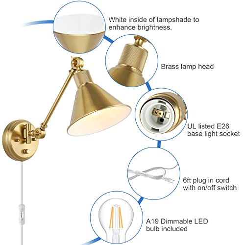 Trlife Wall Sconce Plug In, Dimmable Wall Sconces Set Of 2 Wall Lights With Plug In Cord And Dimmer On/Off Knob Switch, Brushed Brass Swing Arm Wall Light, Ul Listed(2 Pack, 2 Bulbs) #TOP1