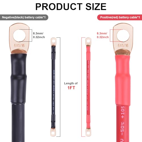 Image of iGreely 6 Gauge Battery Cable, Flexible Pure Copper 6 AWG Welding Battery Wires with 5 /16±Lugs Heavy Duty Cable for Solar Automotive RV Marine Boat,DIY for Replacement Parts & Accessories 1ft /30cm