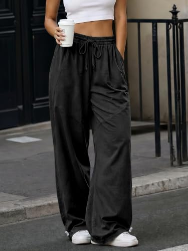 Fisoew Womens Wide Leg Barrel Pants Casual Baggy Drawstring Loose Hiking Track Pants with Pockets Black — view 4