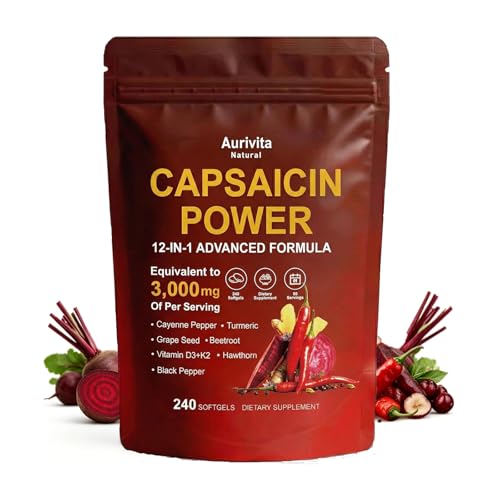 Aurivita Natural Capsaicin Softgels auri Cayenne Pepper softgels with Vitamin E D3+K2 Grape Seed Hawthorn Beet Root & Berberine Extracts 240 Capsules
