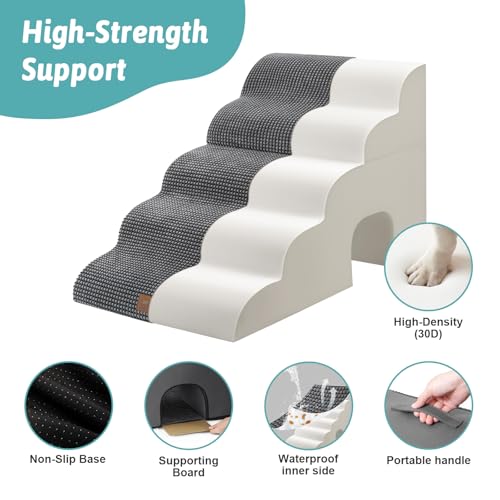 Image of COZY KISS Dog Stairs,with condo,22.4 inch H 5 Steps for Bed,Dark Grey | 5-step dog stairs and ramps for Old Cats, Puppy, Small Dogs,Non-Slip Base,for Couch & Bed, 17.7x33x22.4
