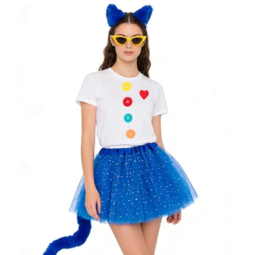 QIKUBI Blue Cat Costume for Women Halloween Accessories Set with Headband Tutu Skirt Glasses Fur Tail Buttons for Adult Party Cosplay (Blue One Size)