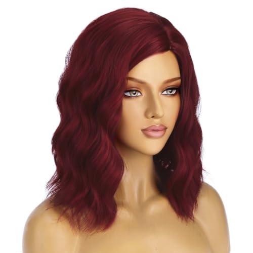 Image of BERON Wine Red Wigs for Women Short Curly Wavy Wig Girls Burgundy Color Body 14 Inch Heat Resistant Synthetic Hair Wig for Cosplay Party or Daily Use
