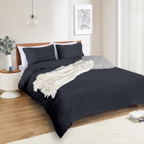 Image of Mejoroom Black Duvet Cover Full - Bedding Sets Full - Soft and Breathable Comforter Cover with Zipper Closure, 3Pieces, 1 Duvet Cover (80x90) and 2 Pillow Cases(20x26)