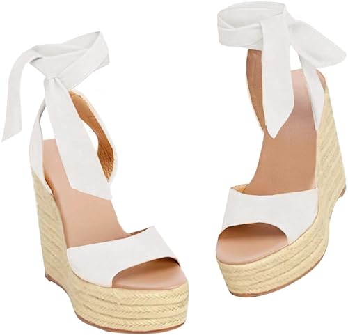 Coutgo Damen Espadrilles Sandalen mit Keilabsatz Plateau Wedges Sandaletten Sommer Schnürschuhe Offener Zehenbereich Pumps Weiß 85
